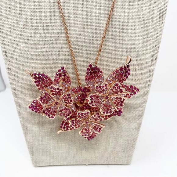 JTV Rose Pink Crystal Flower Brooch Pendant Chain Necklace - Picture 2 of 7